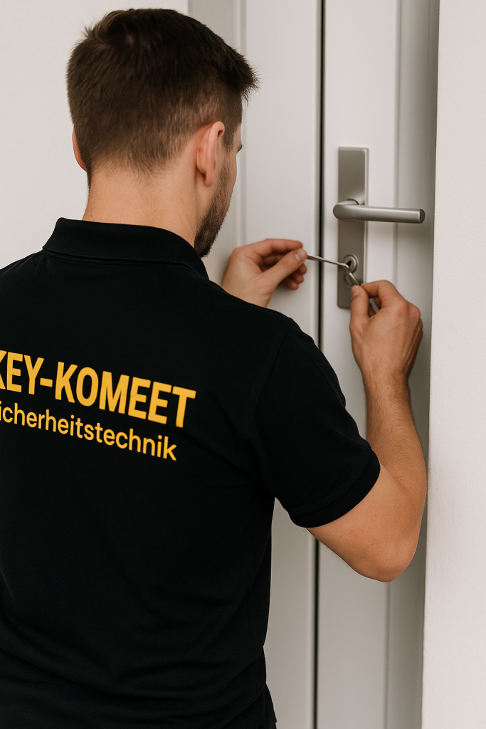 Ein Key-Komeet Schlüsseldienst Monteur öffnet Tür beim Kunden